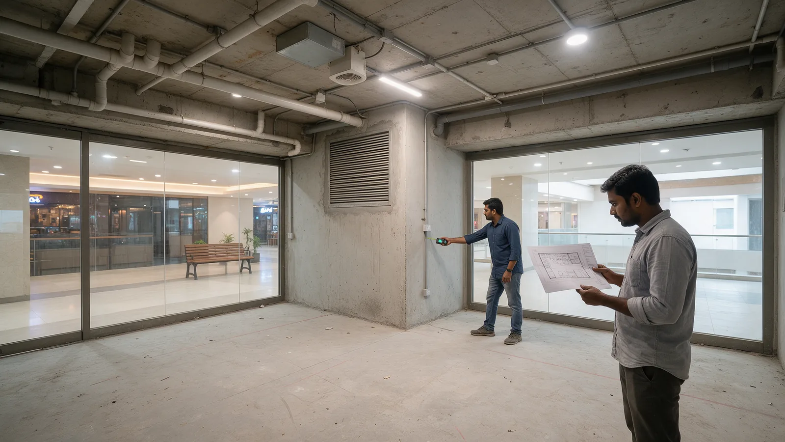 Engineer comparing a standard café layout to a new mall unit while a colleague measures a structural column
